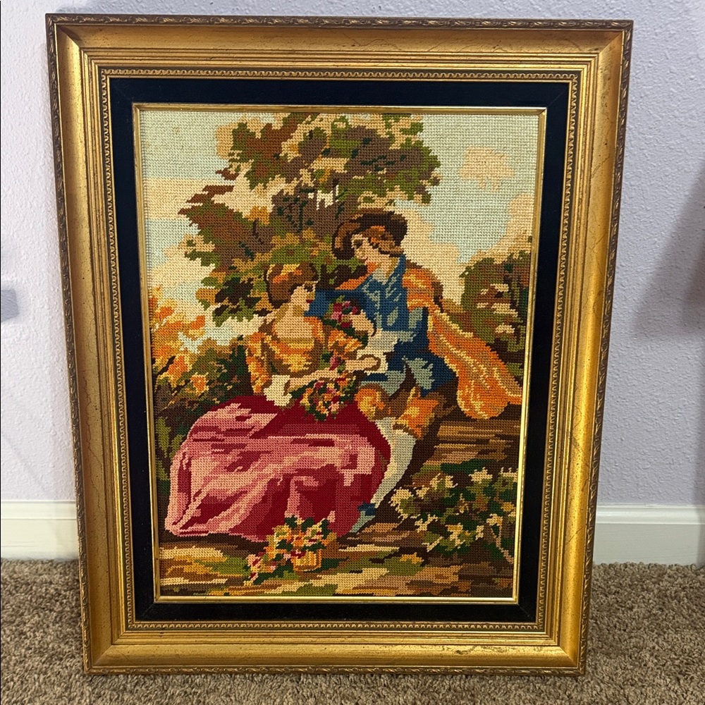 Vintage Needlepoint Tapestry Art in Gold Frame Inspired by Jean Honoré Fragonard